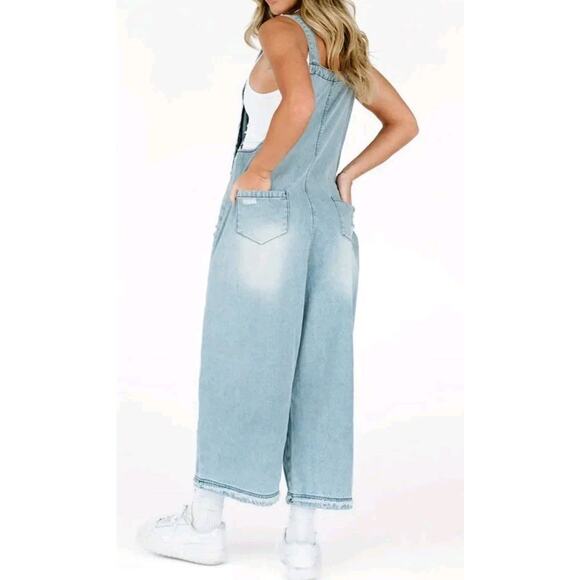 Oversized Distressed Denim Overalls • Women’s M • Boho Festival Wide Leg - Picture 3 of 14